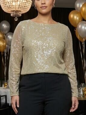 Silver Shimmer Blouse Eloquii Semi Sheer Boat Neck 18 (1X)